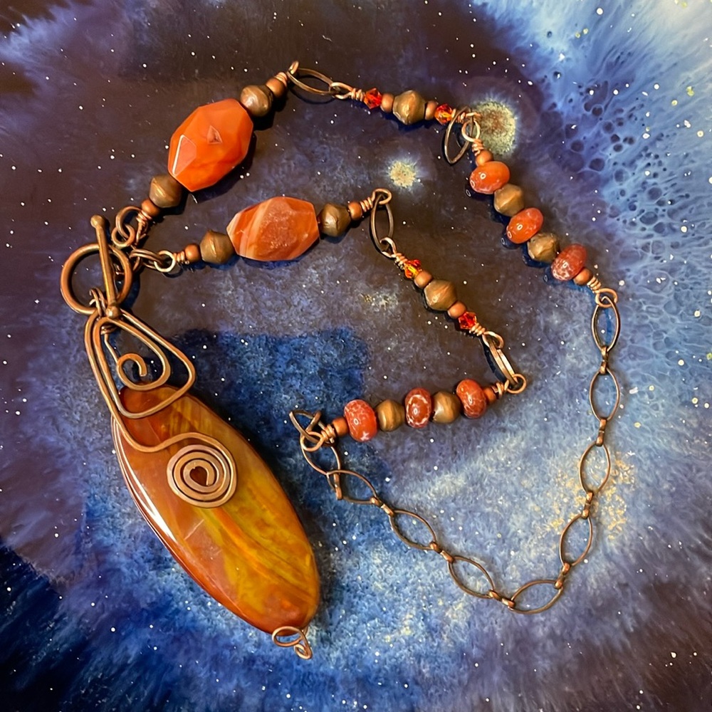 19” artisan Carnelion and copper necklace